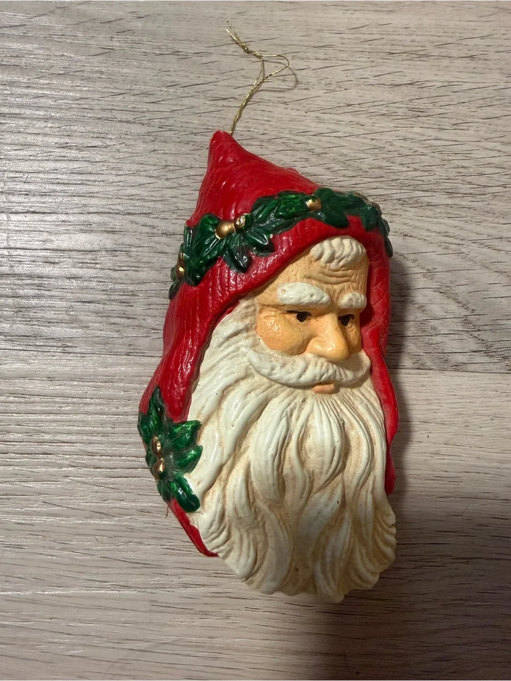 Vintage Santa Claus Face Hanging Christmas Ornament Red Hood Green Holly Garland